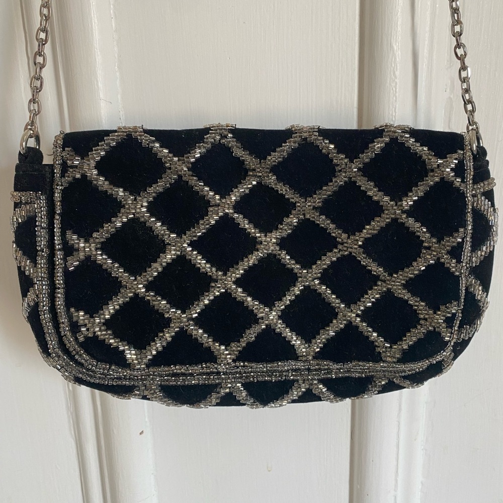 Black Velvet Beaded Crossbody Bag